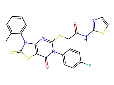 2-{[6-(4-fluorophenyl)-3-(2-methylphenyl)-7-oxo-2-sulfanylidene-2H,3H,6H,7H-[1,3]thiazolo[4,5-d]pyrimidin-5-yl]sulfanyl}-N-(1,3-thiazol-2-yl)acetamide structure