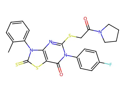6-(4-fluorophenyl)-3-(2-methylphenyl)-5-{[2-oxo-2-(pyrrolidin-1-yl)ethyl]sulfanyl}-2-sulfanylidene-2H,3H,6H,7H-[1,3]thiazolo[4,5-d]pyrimidin-7-one structure