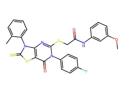2-{[6-(4-fluorophenyl)-3-(2-methylphenyl)-7-oxo-2-sulfanylidene-2H,3H,6H,7H-[1,3]thiazolo[4,5-d]pyrimidin-5-yl]sulfanyl}-N-(3-methoxyphenyl)acetamide structure