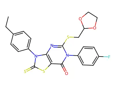 5-{[(1,3-dioxolan-2-yl)methyl]sulfanyl}-3-(4-ethylphenyl)-6-(4-fluorophenyl)-2-sulfanylidene-2H,3H,6H,7H-[1,3]thiazolo[4,5-d]pyrimidin-7-one structure