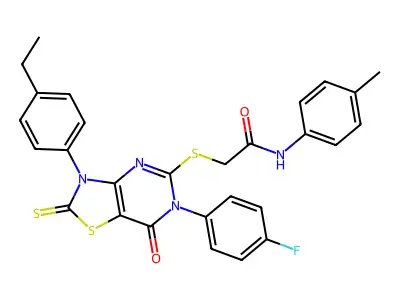 2-{[3-(4-ethylphenyl)-6-(4-fluorophenyl)-7-oxo-2-sulfanylidene-2H,3H,6H,7H-[1,3]thiazolo[4,5-d]pyrimidin-5-yl]sulfanyl}-N-(4-methylphenyl)acetamide structure