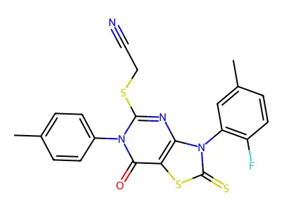 2-{[3-(2-fluoro-5-methylphenyl)-6-(4-methylphenyl)-7-oxo-2-sulfanylidene-2H,3H,6H,7H-[1,3]thiazolo[4,5-d]pyrimidin-5-yl]sulfanyl}acetonitrile structure