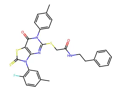 2-{[3-(2-fluoro-5-methylphenyl)-6-(4-methylphenyl)-7-oxo-2-sulfanylidene-2H,3H,6H,7H-[1,3]thiazolo[4,5-d]pyrimidin-5-yl]sulfanyl}-N-(2-phenylethyl)acetamide structure