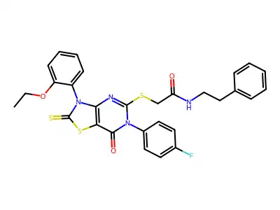 2-{[3-(2-ethoxyphenyl)-6-(4-fluorophenyl)-7-oxo-2-sulfanylidene-2H,3H,6H,7H-[1,3]thiazolo[4,5-d]pyrimidin-5-yl]sulfanyl}-N-(2-phenylethyl)acetamide structure