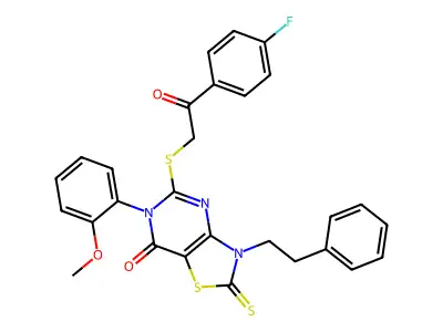 5-{[2-(4-fluorophenyl)-2-oxoethyl]sulfanyl}-6-(2-methoxyphenyl)-3-(2-phenylethyl)-2-sulfanylidene-2H,3H,6H,7H-[1,3]thiazolo[4,5-d]pyrimidin-7-one structure