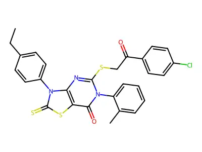 5-{[2-(4-chlorophenyl)-2-oxoethyl]sulfanyl}-3-(4-ethylphenyl)-6-(2-methylphenyl)-2-sulfanylidene-2H,3H,6H,7H-[1,3]thiazolo[4,5-d]pyrimidin-7-one structure