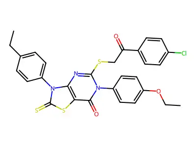5-{[2-(4-chlorophenyl)-2-oxoethyl]sulfanyl}-6-(4-ethoxyphenyl)-3-(4-ethylphenyl)-2-sulfanylidene-2H,3H,6H,7H-[1,3]thiazolo[4,5-d]pyrimidin-7-one structure