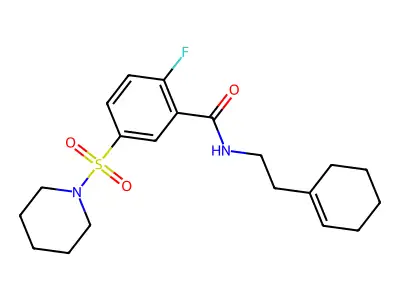 N-[2-(cyclohexen-1-yl)ethyl]-2-fluoro-5-piperidin-1-ylsulfonylbenzamide structure