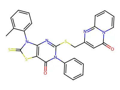 3-(2-methylphenyl)-5-[({4-oxo-4H-pyrido[1,2-a]pyrimidin-2-yl}methyl)sulfanyl]-6-phenyl-2-sulfanylidene-2H,3H,6H,7H-[1,3]thiazolo[4,5-d]pyrimidin-7-one structure
