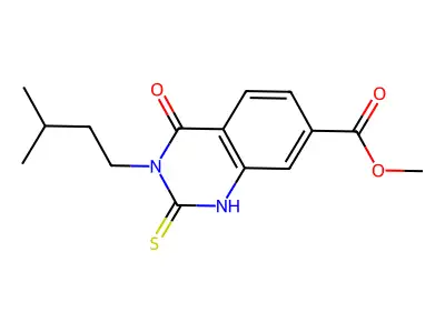 Methyl 3-(3-methylbutyl)-4-oxo-2-sulfanylidene-1H-quinazoline-7-carboxylate structure