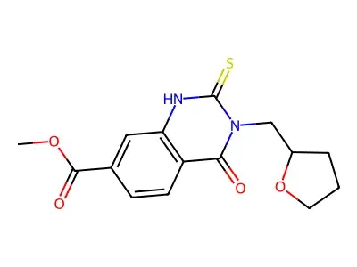 methyl 4-oxo-3-(oxolan-2-ylmethyl)-2-sulfanyl-3,4-dihydroquinazoline-7-carboxylate structure