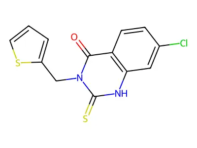 7-chloro-2-sulfanylidene-3-(thiophen-2-ylmethyl)-1H-quinazolin-4-one structure