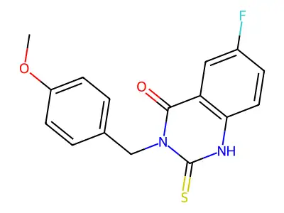 6-fluoro-3-[(4-methoxyphenyl)methyl]-2-sulfanylidene-1H-quinazolin-4-one structure