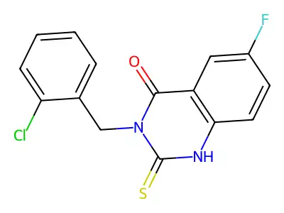 3-[(2-chlorophenyl)methyl]-6-fluoro-2-sulfanylidene-1H-quinazolin-4-one structure