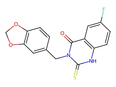 3-(1,3-benzodioxol-5-ylmethyl)-6-fluoro-2-sulfanylidene-1H-quinazolin-4-one structure