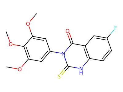 6-fluoro-2-sulfanylidene-3-(3,4,5-trimethoxyphenyl)-1H-quinazolin-4-one structure