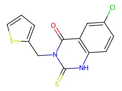 6-chloro-2-sulfanylidene-3-(thiophen-2-ylmethyl)-1H-quinazolin-4-one structure