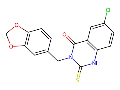 3-(1,3-benzodioxol-5-ylmethyl)-6-chloro-2-sulfanylidene-1H-quinazolin-4-one structure