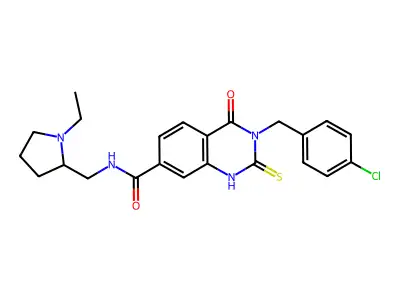 3-(4-chlorobenzyl)-N-((1-ethylpyrrolidin-2-yl)methyl)-4-oxo-2-thioxo-1,2,3,4-tetrahydroquinazoline-7-carboxamide structure