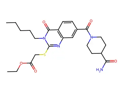 ethyl 2-[7-(4-carbamoylpiperidine-1-carbonyl)-4-oxo-3-pentylquinazolin-2-yl]sulfanylacetate structure
