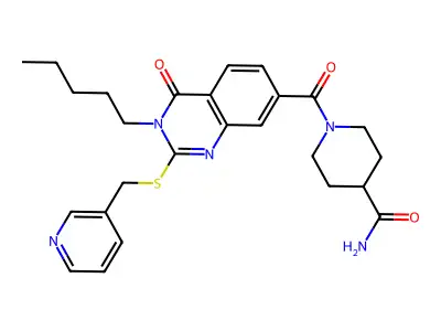 1-[4-oxo-3-pentyl-2-(pyridin-3-ylmethylsulfanyl)quinazoline-7-carbonyl]piperidine-4-carboxamide structure