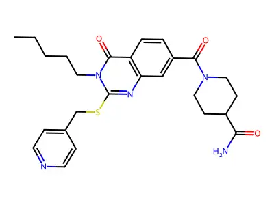 1-(4-oxo-3-pentyl-2-{[(pyridin-4-yl)methyl]sulfanyl}-3,4-dihydroquinazoline-7-carbonyl)piperidine-4-carboxamide structure