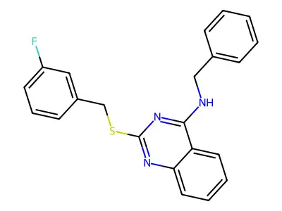 N-benzyl-2-[(3-fluorophenyl)methylsulfanyl]quinazolin-4-amine structure