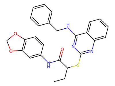 N-(1,3-benzodioxol-5-yl)-2-[4-(benzylamino)quinazolin-2-yl]sulfanylbutanamide structure
