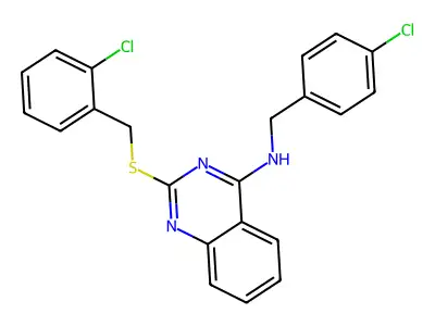 N-[(4-chlorophenyl)methyl]-2-[(2-chlorophenyl)methylsulfanyl]quinazolin-4-amine structure