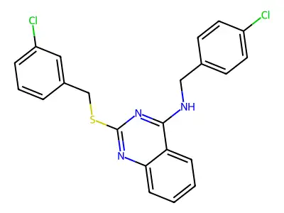 N-[(4-chlorophenyl)methyl]-2-[(3-chlorophenyl)methylsulfanyl]quinazolin-4-amine structure