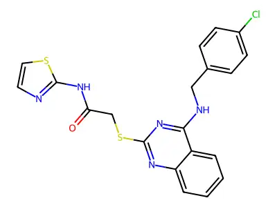 2-((4-((4-chlorobenzyl)amino)quinazolin-2-yl)thio)-N-(thiazol-2-yl)acetamide structure