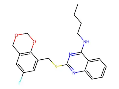 N-butyl-2-[(6-fluoro-4H-1,3-benzodioxin-8-yl)methylsulfanyl]quinazolin-4-amine structure