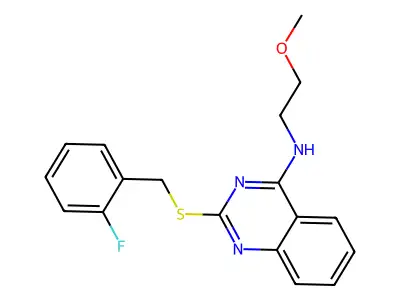 2-((2-fluorobenzyl)thio)-N-(2-methoxyethyl)quinazolin-4-amine structure