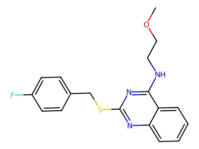 2-((4-fluorobenzyl)thio)-N-(2-methoxyethyl)quinazolin-4-amine structure