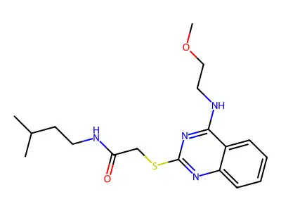 N-isopentyl-2-((4-((2-methoxyethyl)amino)quinazolin-2-yl)thio)acetamide structure