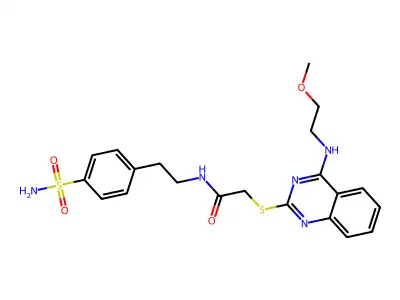 2-({4-[(2-methoxyethyl)amino]quinazolin-2-yl}sulfanyl)-N-[2-(4-sulfamoylphenyl)ethyl]acetamide structure