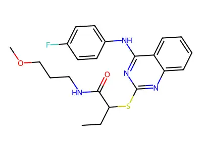 2-[4-(4-fluoroanilino)quinazolin-2-yl]sulfanyl-N-(3-methoxypropyl)butanamide structure