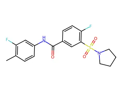 4-fluoro-N-(3-fluoro-4-methylphenyl)-3-(pyrrolidin-1-ylsulfonyl)benzamide structure
