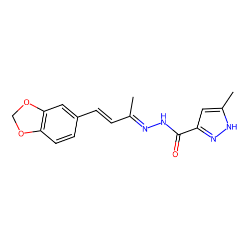 (E)-N'-((E)-4-(benzo[d][1,3]dioxol-5-yl)but-3-en-2-ylidene)-3-methyl-1H-pyrazole-5-carbohydrazide structure