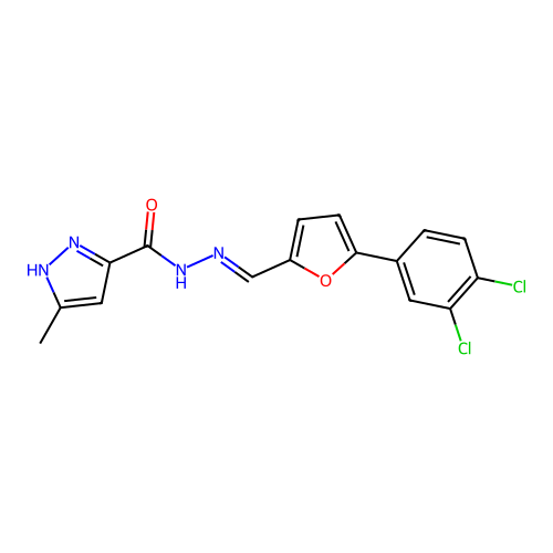 N'-((5-(3,4-dichlorophenyl)furan-2-yl)methylene)-3-methyl-1H-pyrazole-5-carbohydrazide structure