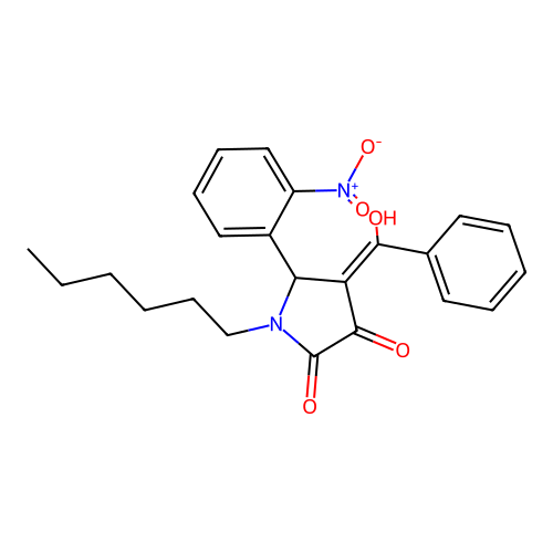 (4E)-1-hexyl-4-[hydroxy(phenyl)methylidene]-5-(2-nitrophenyl)pyrrolidine-2,3-dione structure