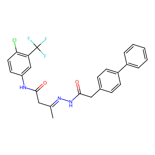 (3E)-3-[2-(biphenyl-4-ylacetyl)hydrazinylidene]-N-[4-chloro-3-(trifluoromethyl)phenyl]butanamide structure