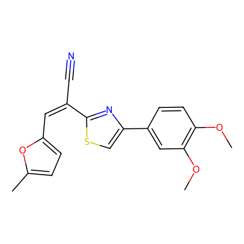 (Z)-2-(4-(3,4-dimethoxyphenyl)thiazol-2-yl)-3-(5-methylfuran-2-yl)acrylonitrile structure