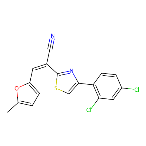(2Z)-2-[4-(2,4-dichlorophenyl)-1,3-thiazol-2-yl]-3-(5-methylfuran-2-yl)prop-2-enenitrile structure