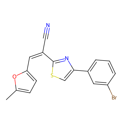 (Z)-2-(4-(3-bromophenyl)thiazol-2-yl)-3-(5-methylfuran-2-yl)acrylonitrile structure