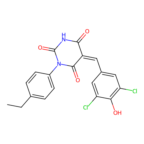 (5Z)-5-(3,5-dichloro-4-hydroxybenzylidene)-1-(4-ethylphenyl)pyrimidine-2,4,6(1H,3H,5H)-trione structure