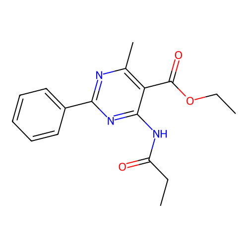 Ethyl 4-methyl-2-phenyl-6-(propanoylamino)pyrimidine-5-carboxylate structure