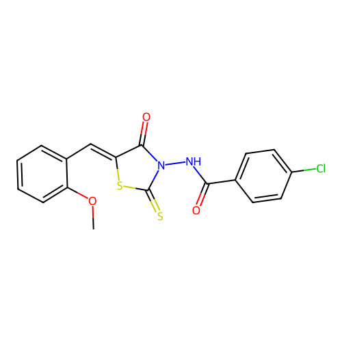 (Z)-4-chloro-N-(5-(2-methoxybenzylidene)-4-oxo-2-thioxothiazolidin-3-yl)benzamide structure
