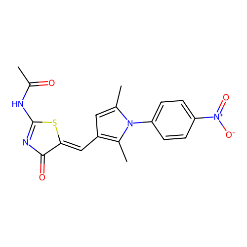 (Z)-N-((Z)-5-((2,5-dimethyl-1-(4-nitrophenyl)-1H-pyrrol-3-yl)methylene)-4-oxothiazolidin-2-ylidene)acetamide structure