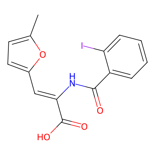 (2Z)-2-{[(2-iodophenyl)carbonyl]amino}-3-(5-methylfuran-2-yl)prop-2-enoic acid structure
